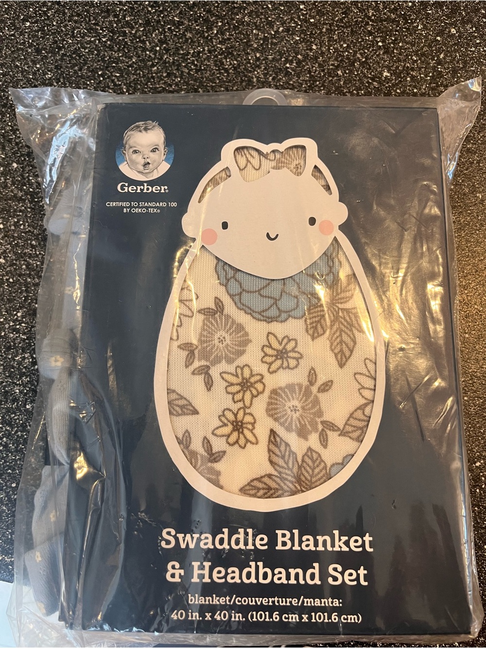 Carter's Blue, Cream and Gray Floral Swaddle Blanket & Headband Set